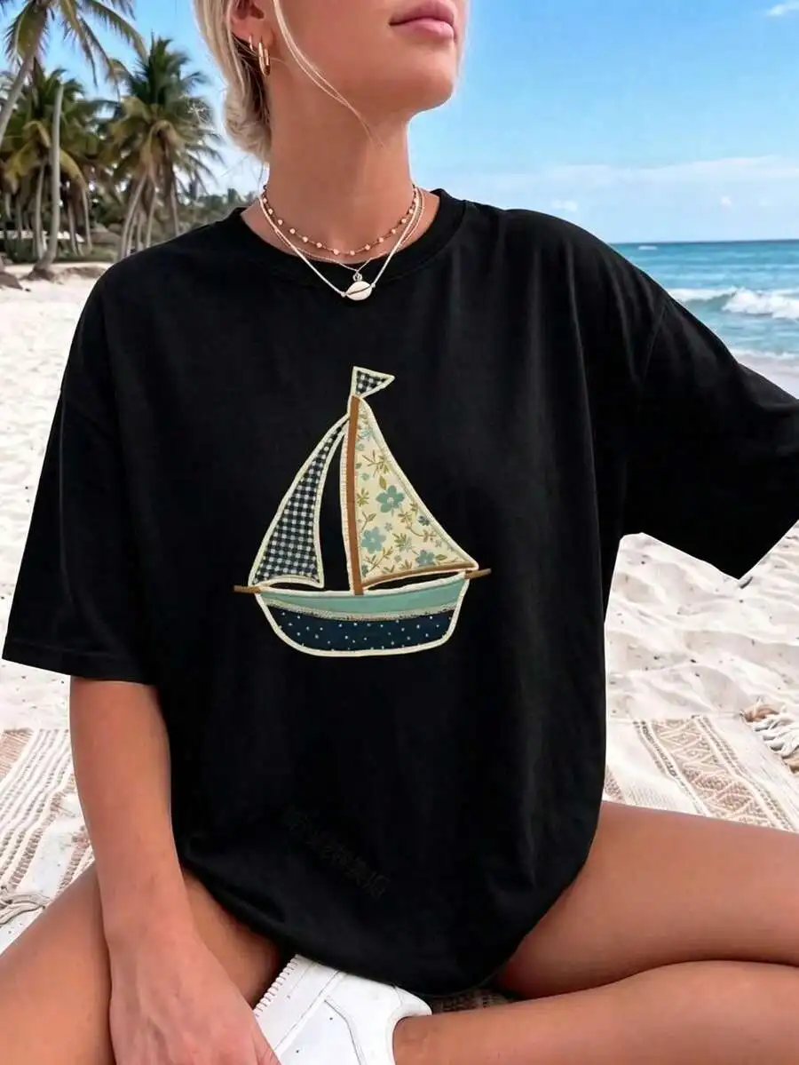 Women Crew Neck Short Sleeve T-Shirt Patchwork Sailboat Quilted Ocean Graphic Print Boho Nautical Coastal Lake Life Soft Casual Summer Novelty Gift Tee For Her