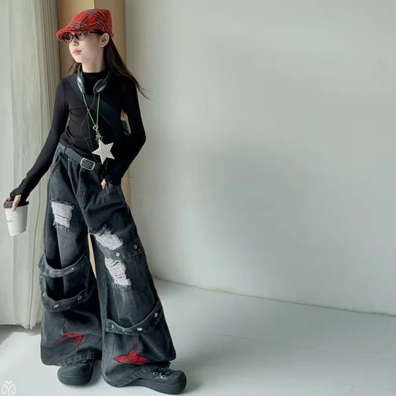 Girls Ripped Wide‑Leg Jeans Kids Distressed Denim Pants Childen Elastic Waist Loose Trousers Streetwear for 5‑14Y