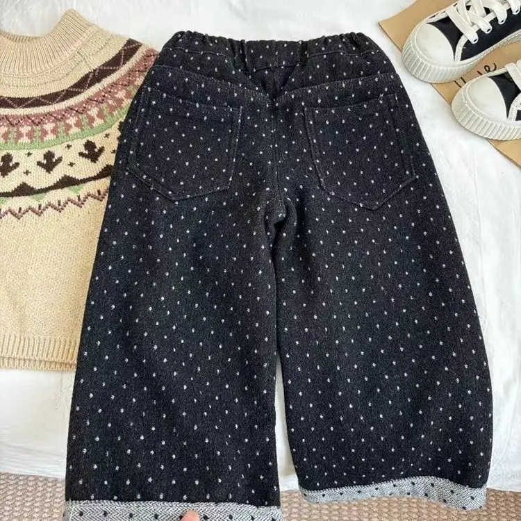 سراويل شتوية واسعة الساق للفتيات جينز للخريف والشتاء للأطفال منقط