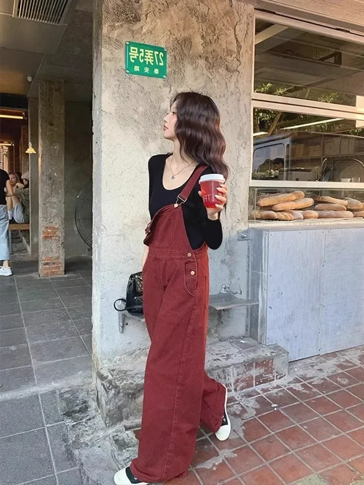 Peleles de calle para mujer, Pantalón recto, monos rojos Vintage para mujer, pantalones de pierna ancha holgados rectos a la moda informales para chica fresca