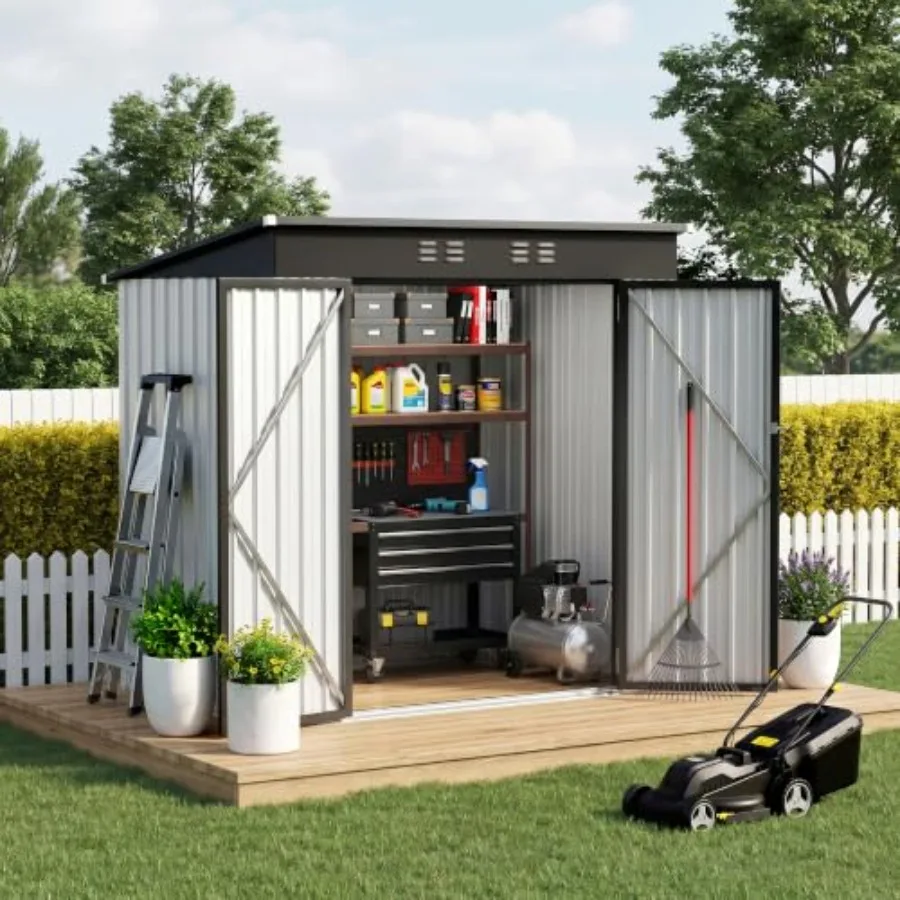 4 x 6 Feet Metal Storage Shed for outdoor use, galvanized steel, gray, rust-resistant and lockable