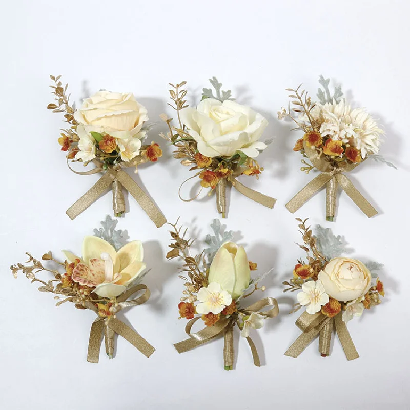 Boutonniere y ramillete de muñeca, suministros de boda, banquete, invitados, flores simuladas, novio, novia, champán, oro 349