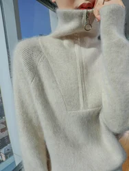 ANGEL Autumn Winter Women Zippers Sweater Turn-down Collar Pullovers100% Mink Cashmere Knitwear Thick Raglan Sleeve Clothing Top