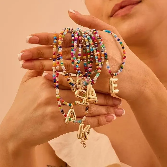 New Fashion Necklace 26 Letter Golden Bubble color handcrafted beaded exquisite and cute necklace and collarbone chain