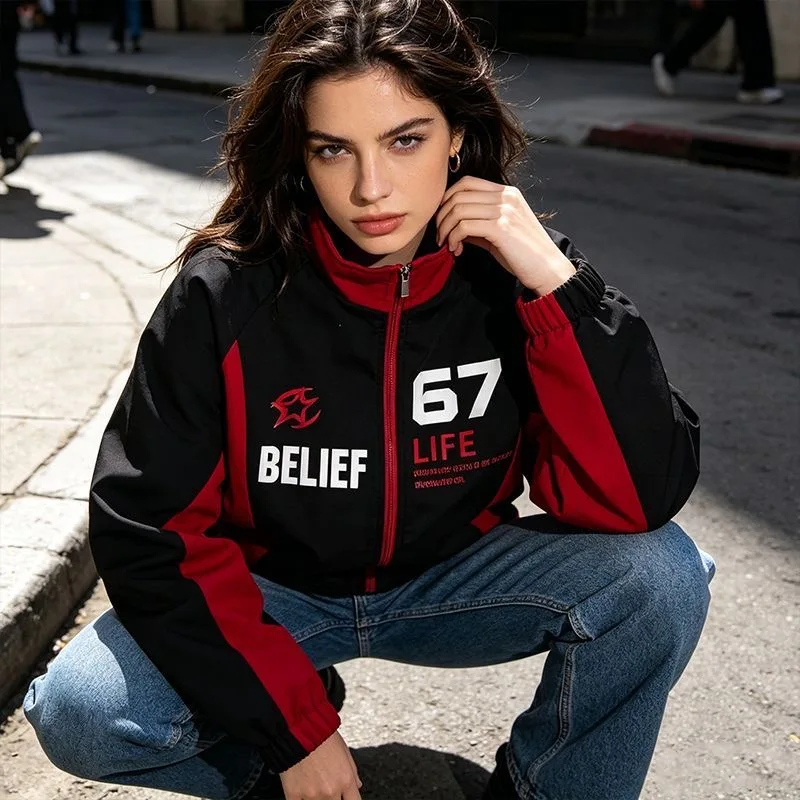 2026 Men's new retro color blocked racing jacket, women's trendy stand up collar zipper windbreaker, street wear casual jacket