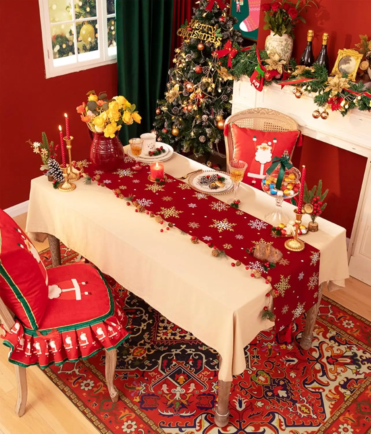 Christmas Gold Snowlfakes Linen Table Runner Holiday Party Decor Winter Xmas Kitchen Dining Table Runners Christmas Decorations