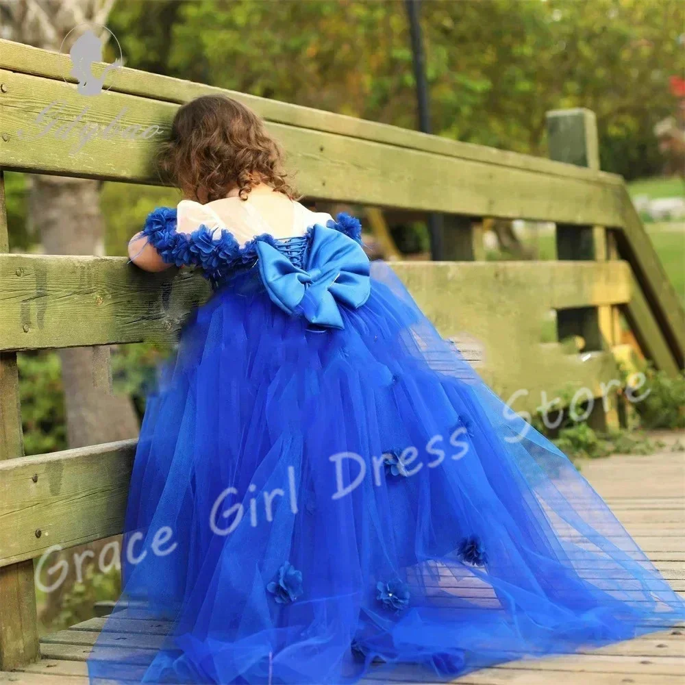 

Customized Royal Blue Flower Girl Dress For Wedding Tulle 3D Flowers With Bow Classic Kids Birthday Party First Communion Gown