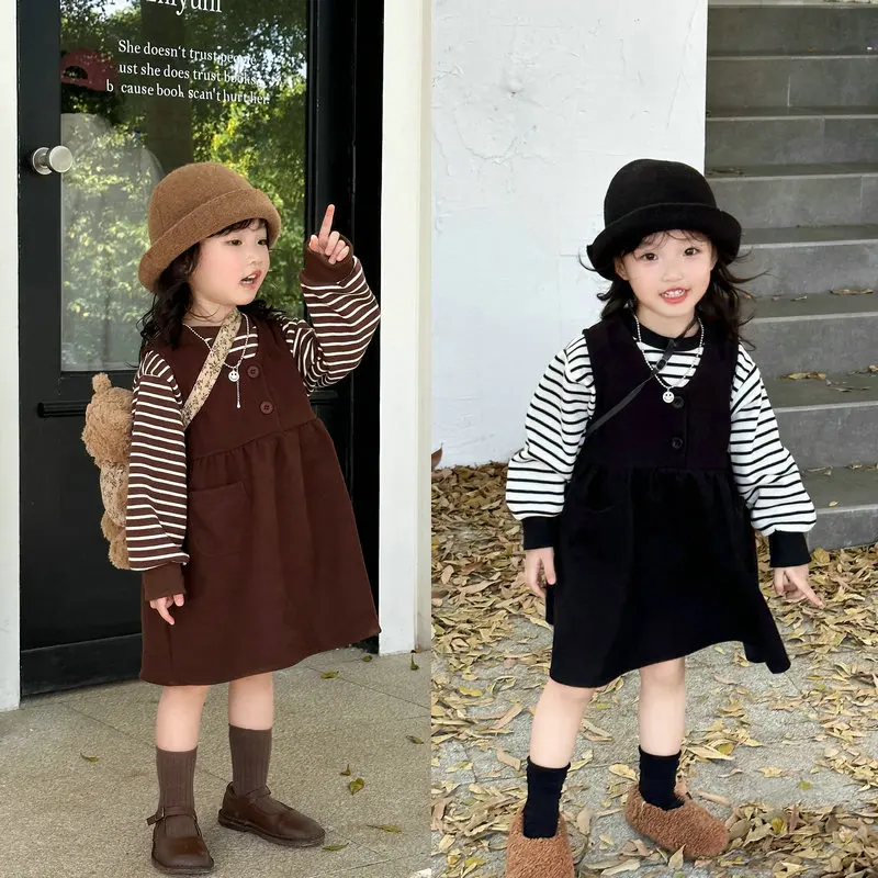 Girls' Set Striped Long Sleeve Sweatshirt with Corduroy Vest Dress25Autumn and Winter New Fashion Foreign Trade Children's Cloth