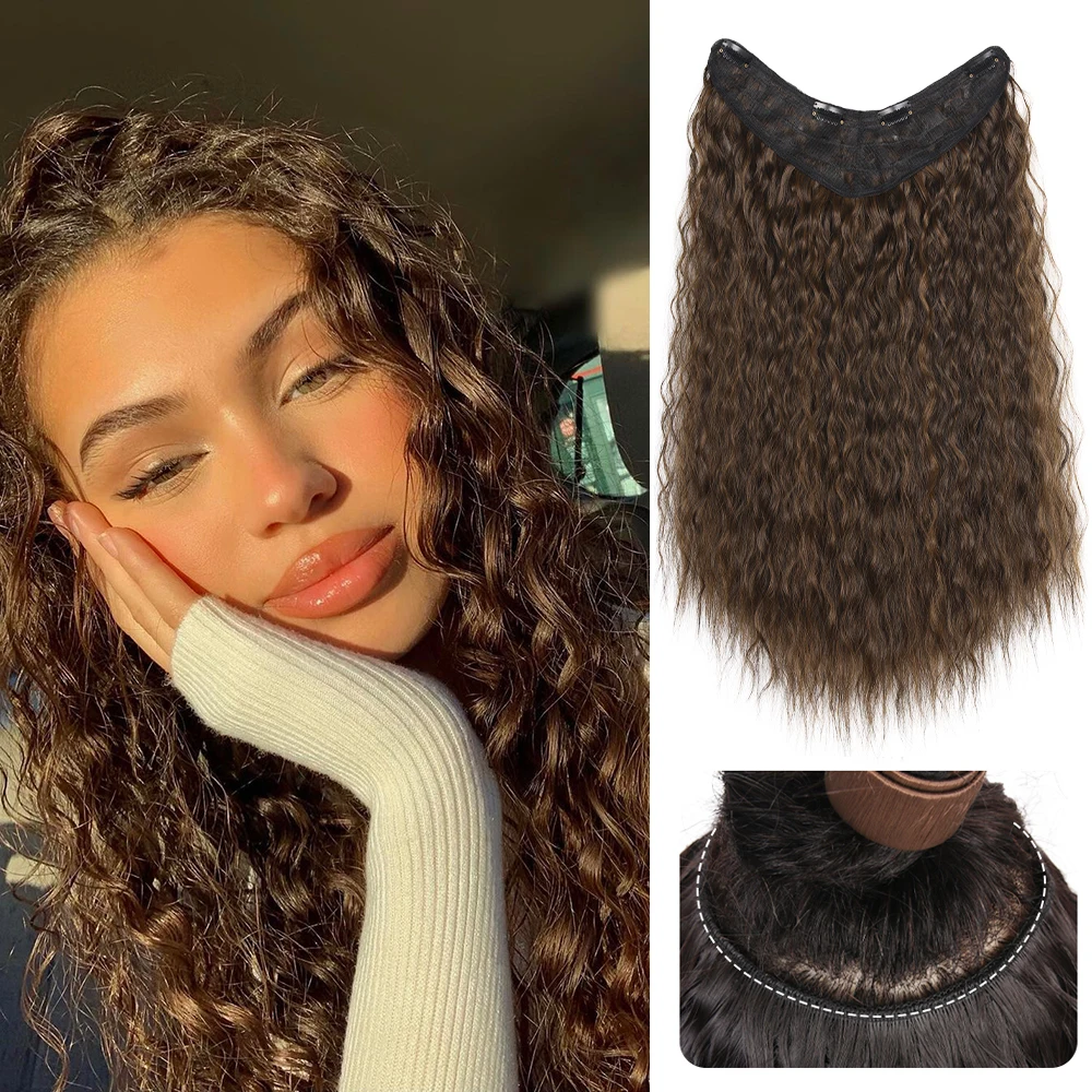 

Synthetic Hair V-Shaped 4Clips One Piece 22Inch Long Water Wave Curly Hairpiece Clip In Hair Extension Thick Wide Weft Full Head