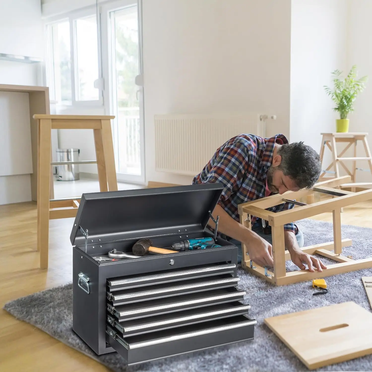 Portable Tool Box, 5 Drawers & Top Storage Tray Tool Box with Drawers, Lockable Metal Tool Chest Cabinet for Garage, Warehouse,