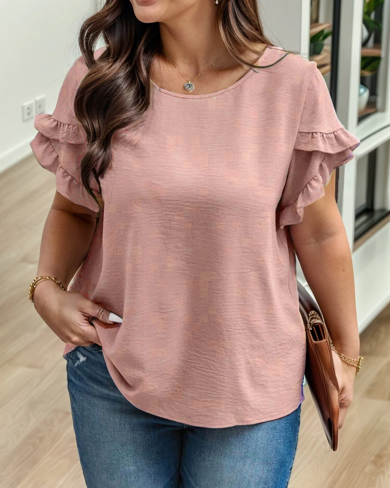 

Футболка больших размеров с короткими рукавами и V-образным вырезом с рюшами и принтом