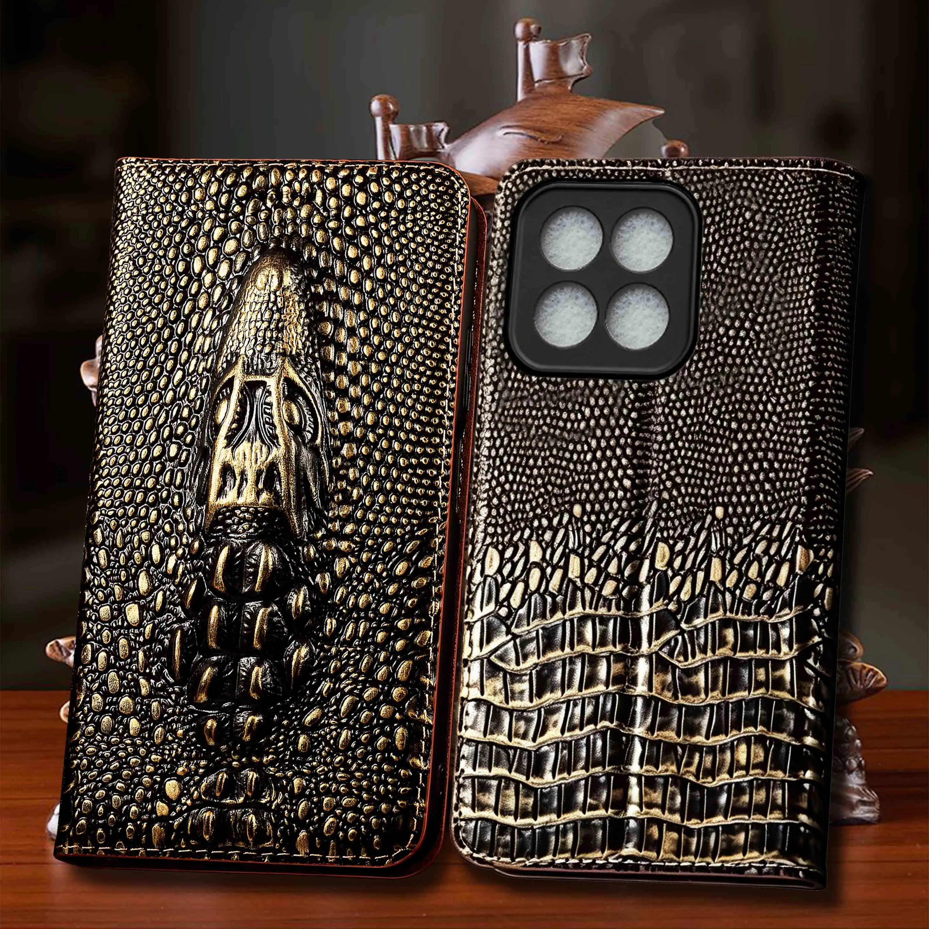 Vintage Crocodile Head Pattern Of Genuine Leather Phone Case For Xiaomi 17T Pro Max Of Flip Cover Case Cowhide Scratch-Resistant