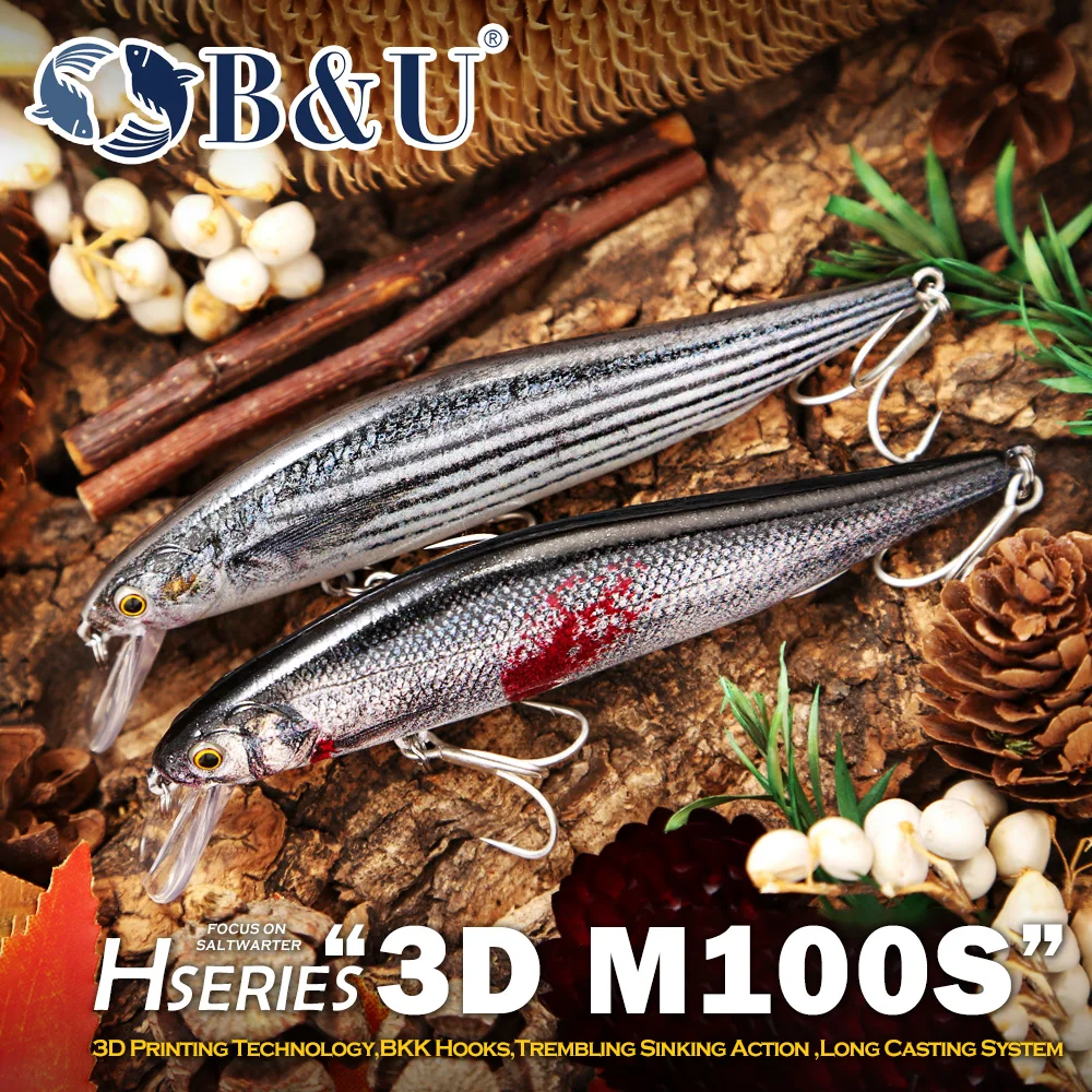 Воблер B&U Saltwater Sinking Minnow для морской рыбалки, 3D-печать, для дальнего заброса, жесткая приманка, крючки BKK для морского окуня, синей рыбы, скумбрии