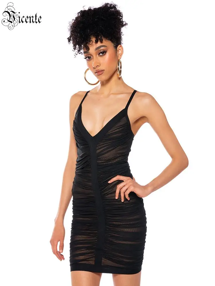 

VC Women’s Black Ruched Mesh Bodycon Dress Spaghetti Strap Deep V Sexy Mini Party Dress Birthday Night Club Slim Fit Dress