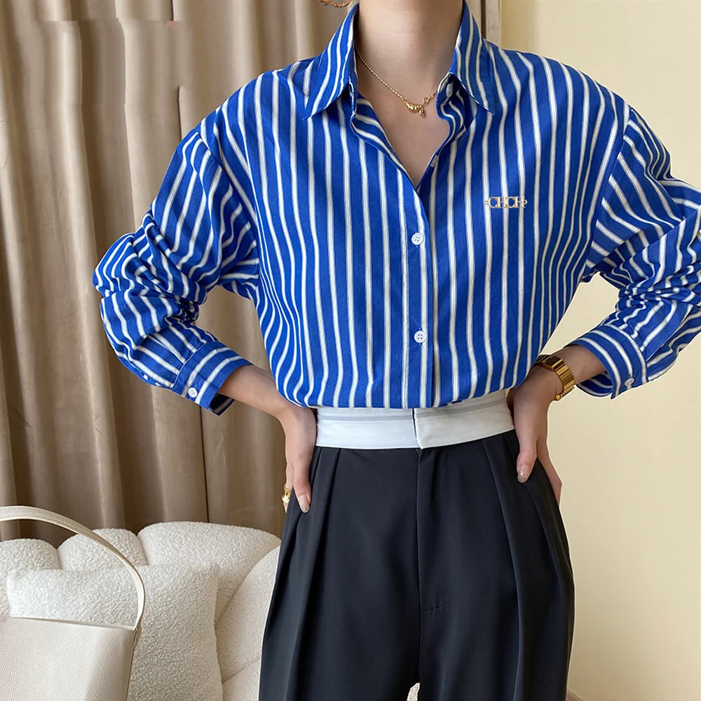 Women Shirts New Fashion Classic French Stripe Loose Female Tops Casual Single Breasted Long Sleeve Shirt Commuting Lady Tops