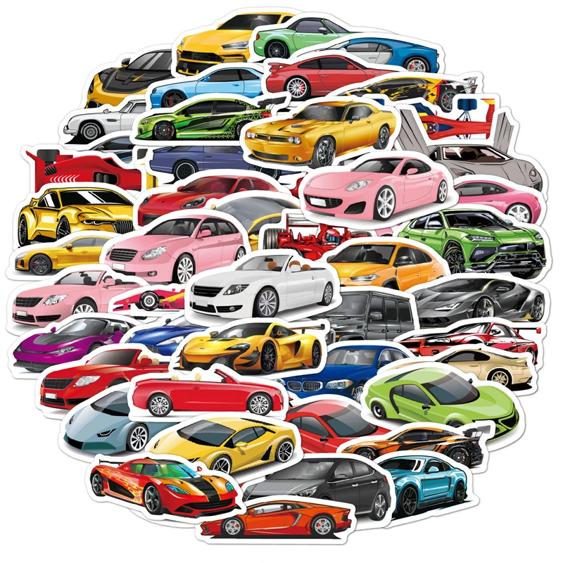 

50Pcs Sports Car Mini Stickers Home Decoration for Kids Room Walls Toy Laptop Phone Suitcase Scrapbook Bottle Graffiti Decals