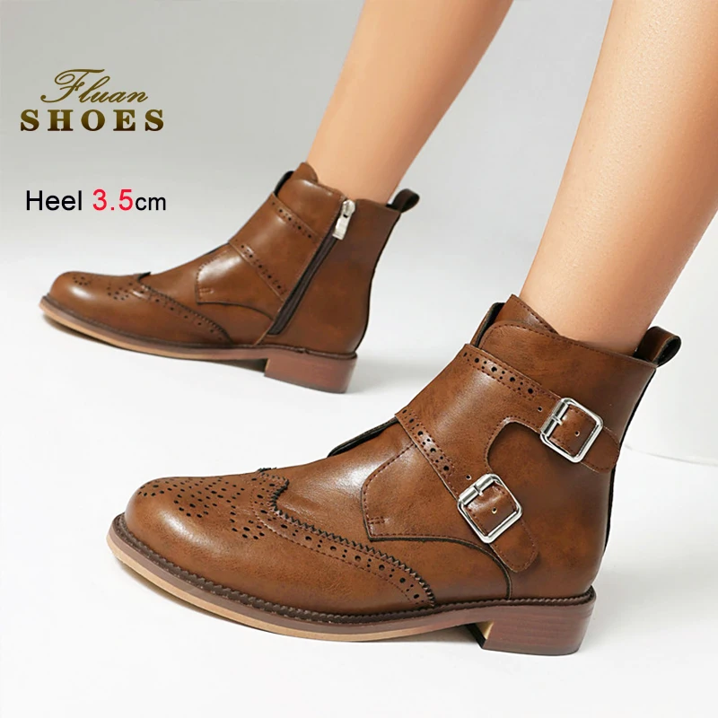 

Ботильоны 3,5 см, женские ботильоны из искусственной кожи с круглым носком на молнии, осенне-зимняя обувь, винтажные короткие ботильоны ручной работы в британском стиле с пряжкой на ремне