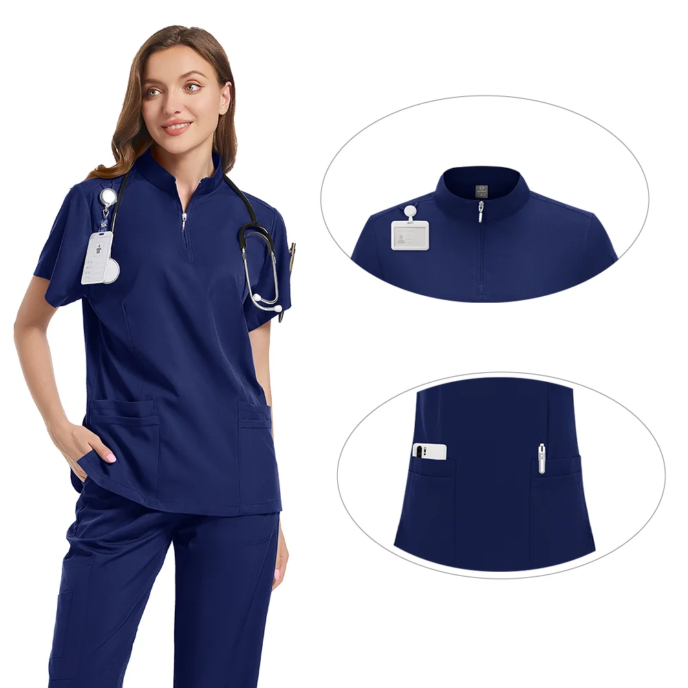Costume givré d'été pour femmes, accessoires d'infirmière de travail d'hôpital, col montant décontracté, fermeture éclair, uniforme médical à manches courtes, offre spéciale