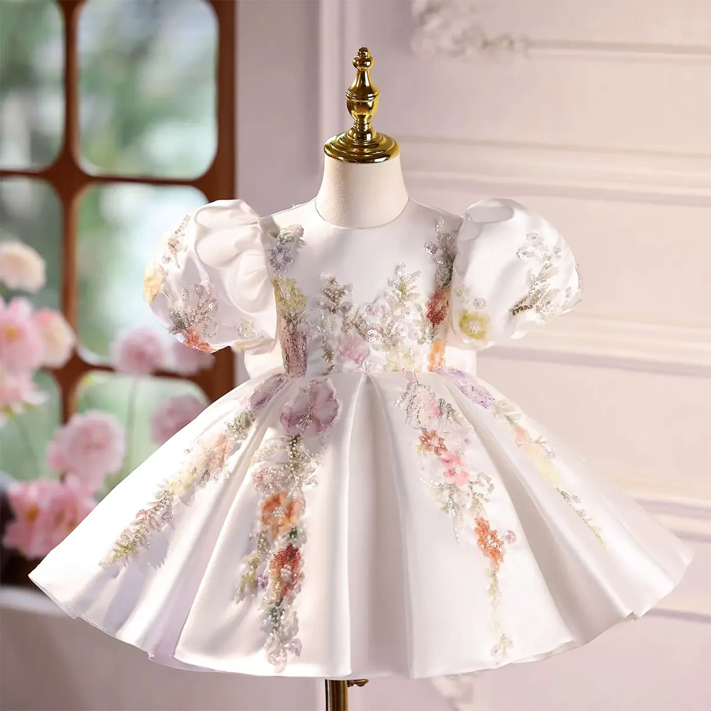 custom-elegant-white-appliques-flower-girl-dress-lace-bow-princess-kids-wedding-1st-birthday-pageant-party-prom-gown