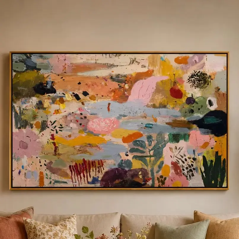 Frameless canvas paintings,Wild Garden Burst – Colorful Abstract Expressionist Painting Canvas Wall Print,High‑Grade Home Decora