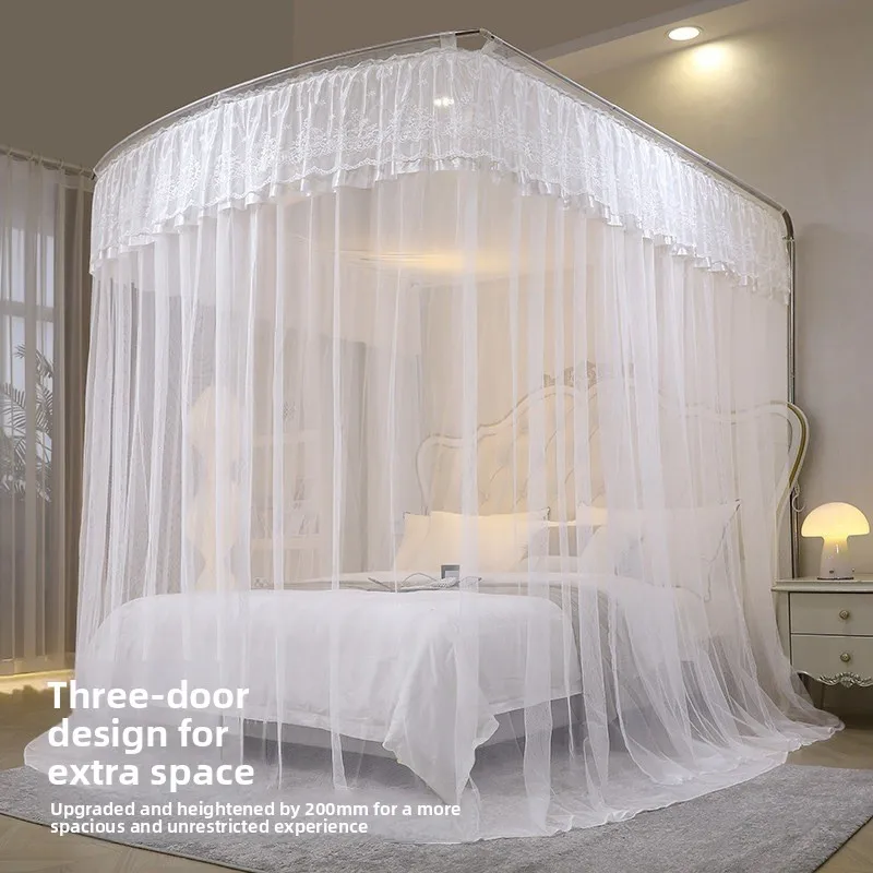 Fishing rod retractable u-shaped mosquito net, three-door household double court floor-to-ceiling encrypted steel bracket