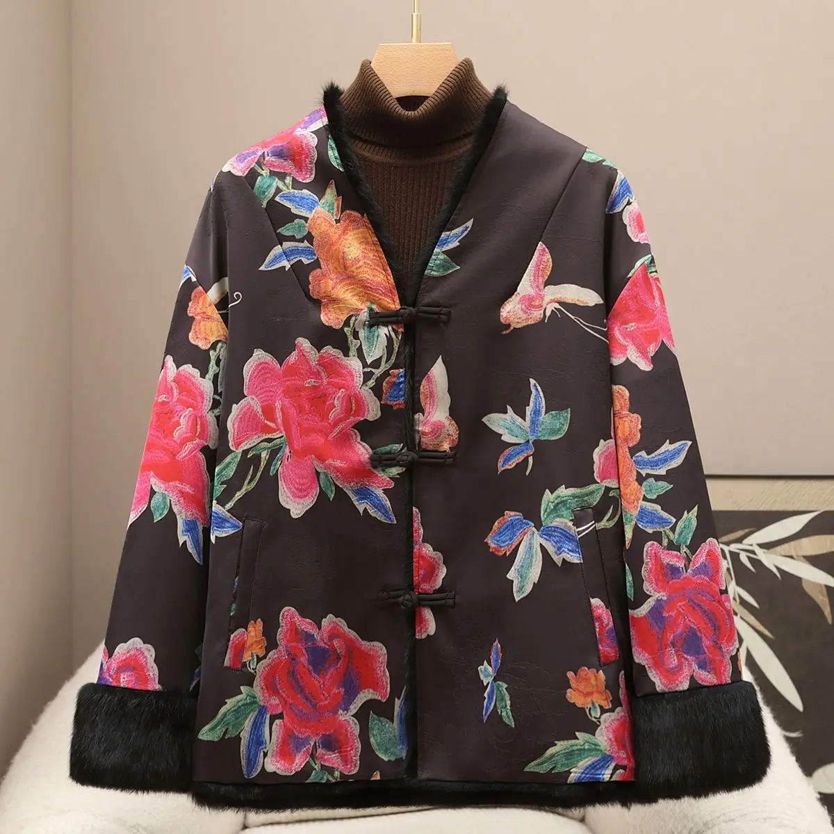 New Chinese Style Minimalist Buckle Rabbit Fur Patchwork Jacket for Autumn Winter Loose Double-Sided Coat