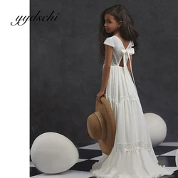 Personalizado branco flor menina vestido de casamento renda manga curta volta arco festa traje aline princesa vestido de baile capela escova trem