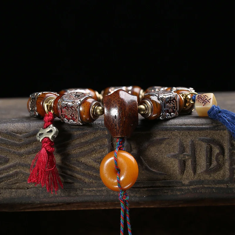 Tibetan-style recycled yak bone decorative bracelet, single-strand prayer beads, peace knot, turquoise barrel beads