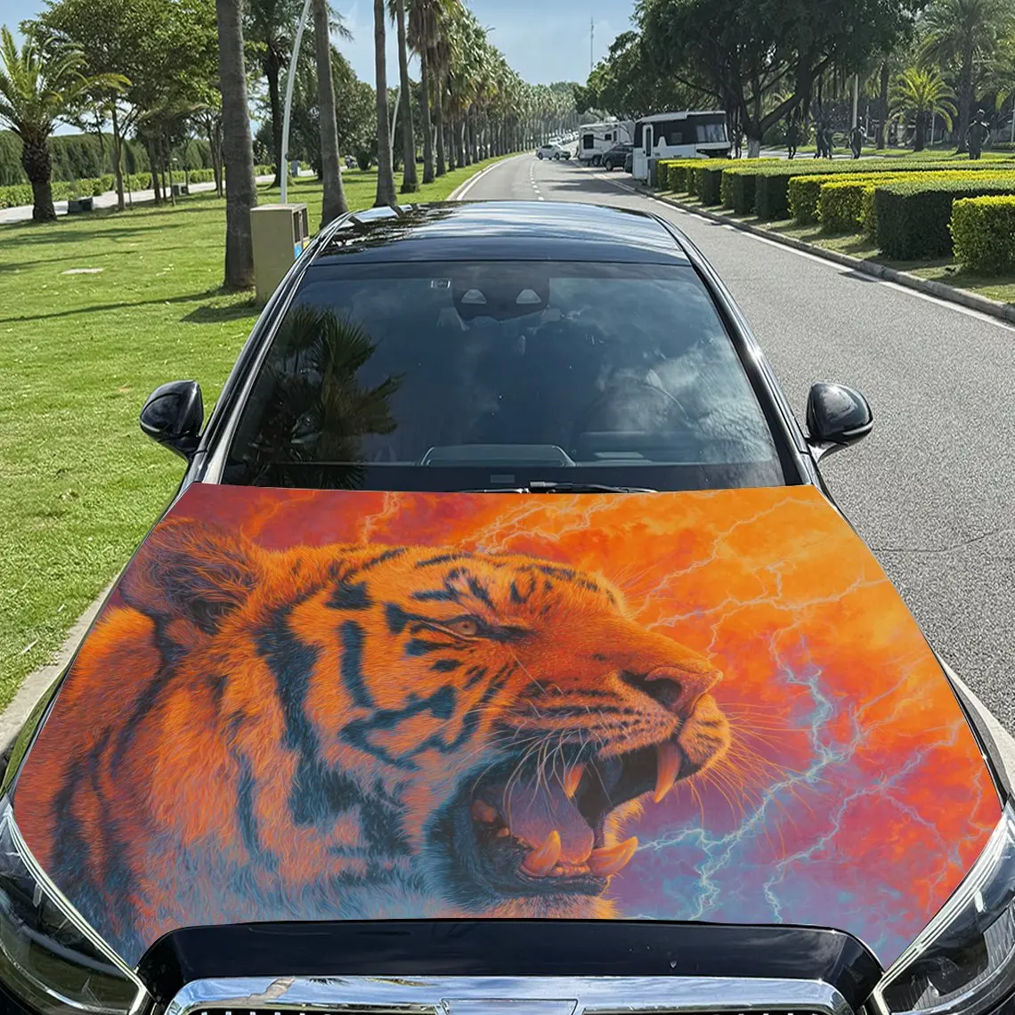 Car Decals Tiger with a Dynamic, Vibrant - Hued Artistic Design, Appearing Ready to Roar and Bring an Energetic Vibe to the Vehi