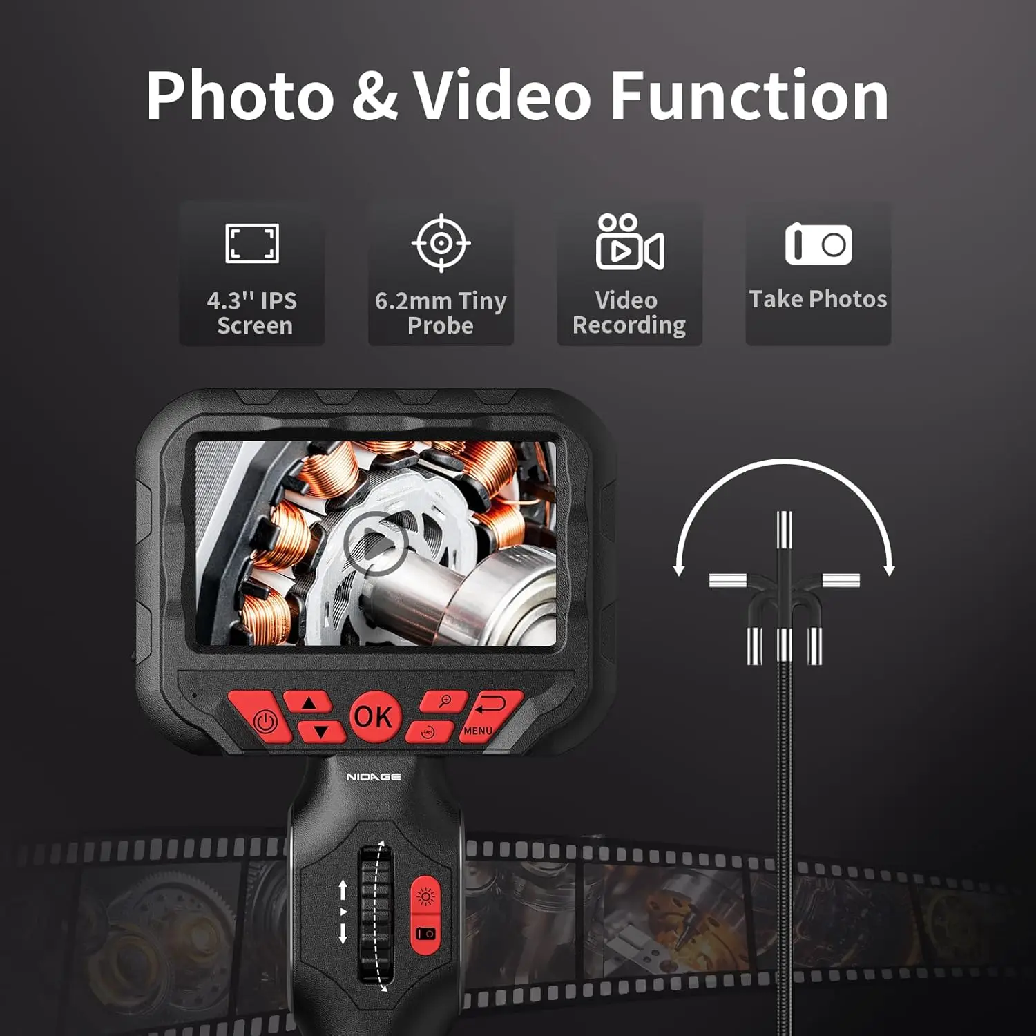 Endoscópio industrial com câmera de inspeção de cobra articulada de 0,24 polegadas, câmera de escopo de fibra óptica flexível para mecânica de aeronaves