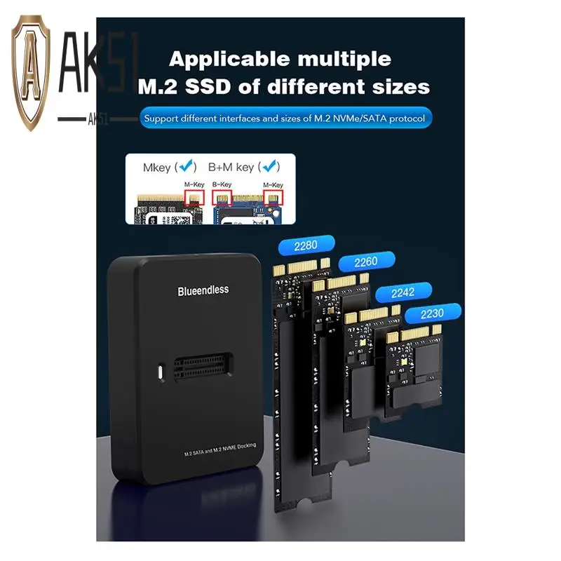 

AK51-BLUEENDLESS Двойной протокол M.2 SSD Док-станция База Внешний SSD Корпус жесткого диска Онлайн-считывание Скорость записи