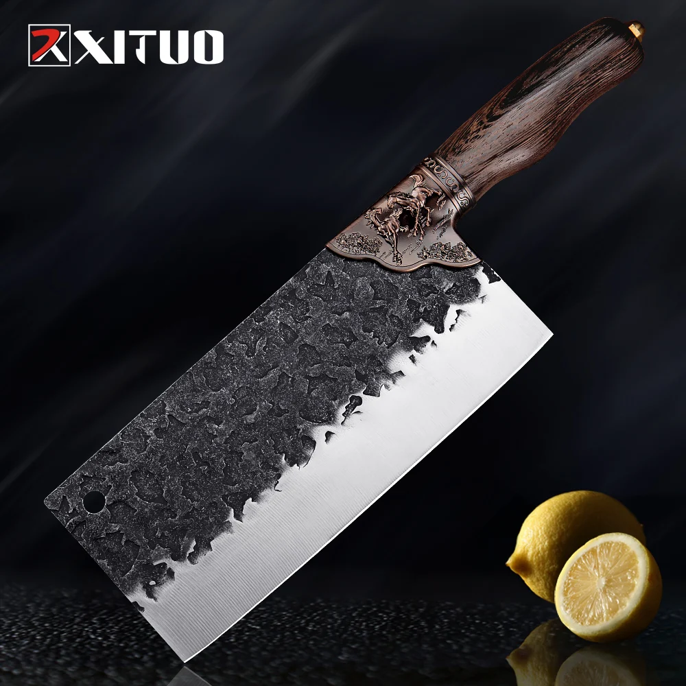 

XITUO High Carbon Steel Hand Knife Chinese Style Kitchen Slaughtering Meat Slicing Chopping Vegetable Knives Tool Wooden Handle