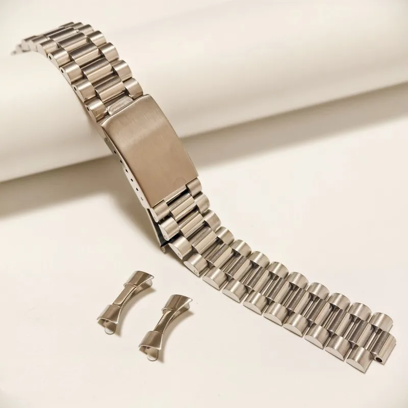 18mm 19mm 20mm 22mm Stainless Steel Vintage President Silver Curved End Three Beads Watch Band Strap Bracelet Fit for RLX SKX