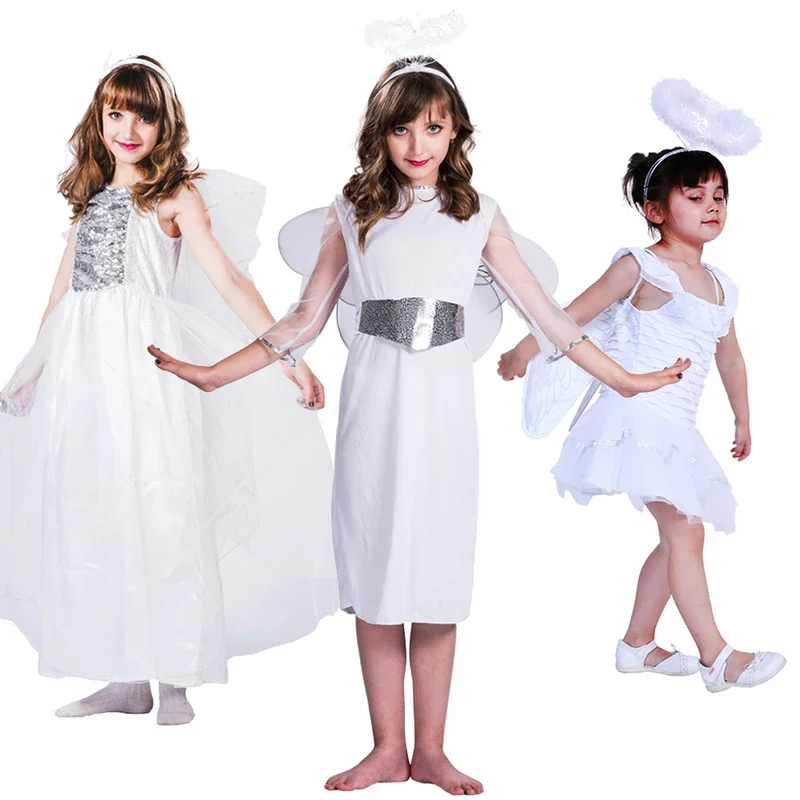 Costume cosplay di angelo bianco per ragazze, Natale, Halloween, per bambini, angeli, ali, Halo, spettacolo, festa di compleanno, gruppo, vestito operato