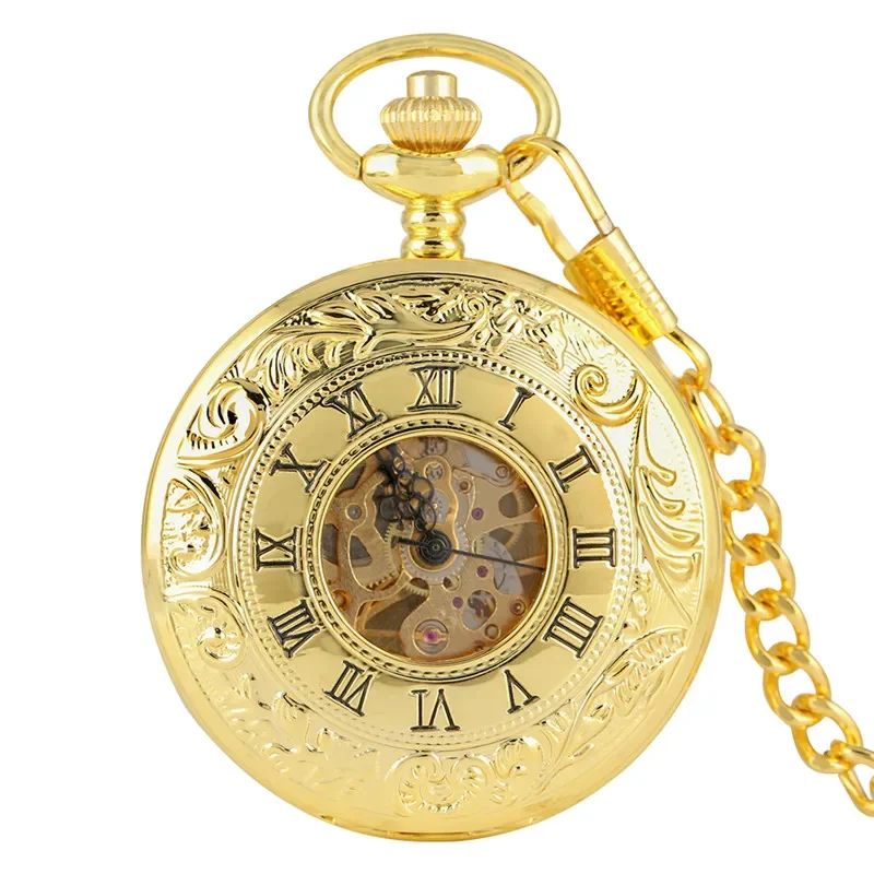 Luxury Yellow Gold Antique Hand Winding Mechanical Skeleton Pocket Watch Double Open Hunter Pendant Chain Hour Clock Gift Reloj