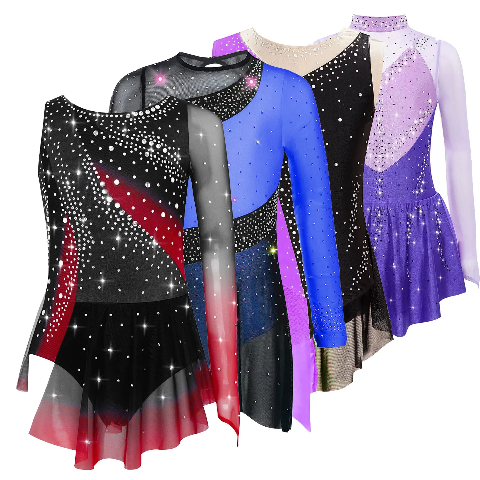 Enfants filles patinage artistique gymnastique rythmique justaucorps robe ballerine asymétrique fendu brillant strass contraste couleur robe