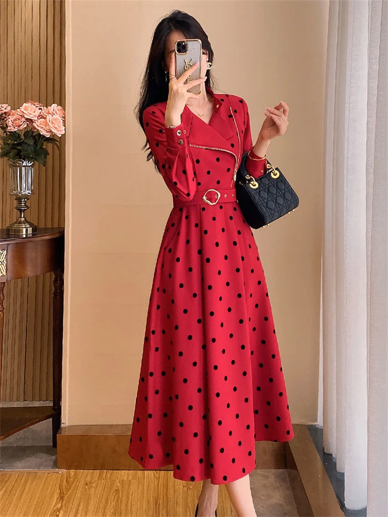 Polka Dot Red Dress For Autumn Women 2024 New Style, Unique Temperament, High-end Feeling, This Year\'s Popular Beautiful Dress