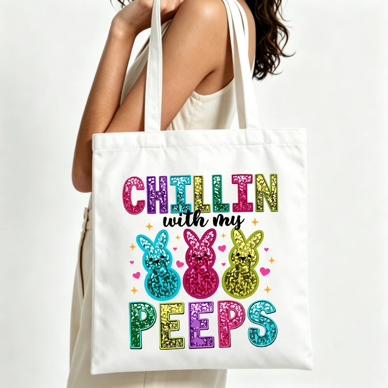 

colorful rabbit graphic canvas tote bag with letter print, perfect for casual spring outings and daily shopping