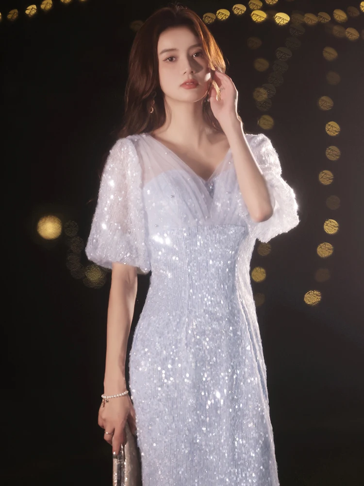 

Элегантное вечернее платье в стиле феи для женщин, высококачественное, стройнящее, для дня рождения, с пайетками, в корейском стиле, с коротким рукавом, длинное платье