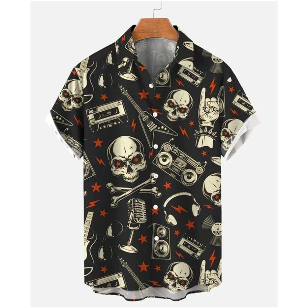 Men's Summer 3d Skull Print Hawaiian Shirt For Men Y2k Fashion Daily Social Casual Beach Tops Loose Oversized Vintage Clothing