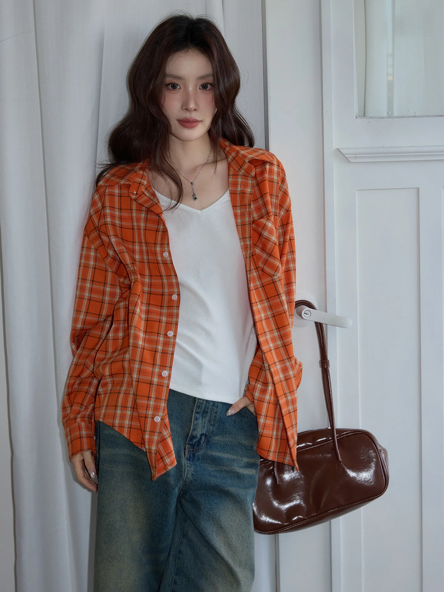 

Chaocha Home Korean Sle Orange Plaid Loose Casual Slim Fit Long Sve Women's irt Spring 2026 Outerwear Top