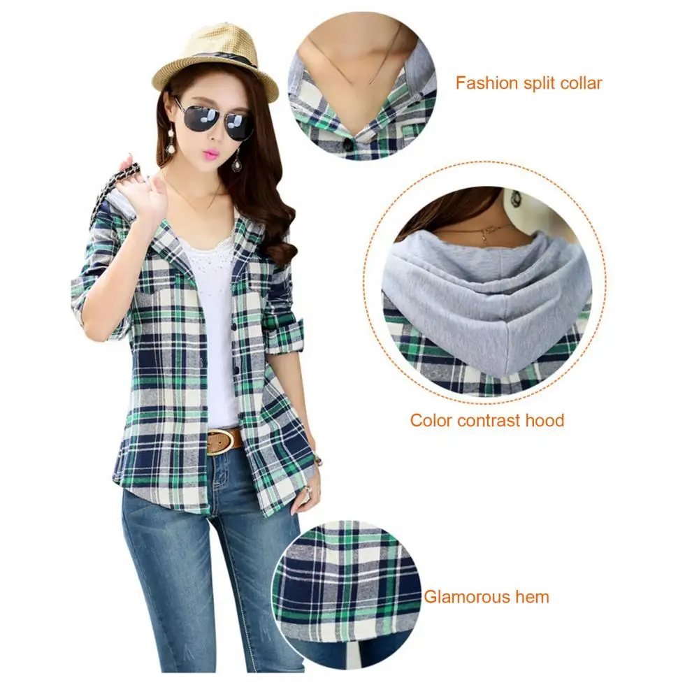 Classic Loose Long Sleeve Women Fashion Plaid Hood Button-up Cotton Shirt Coat