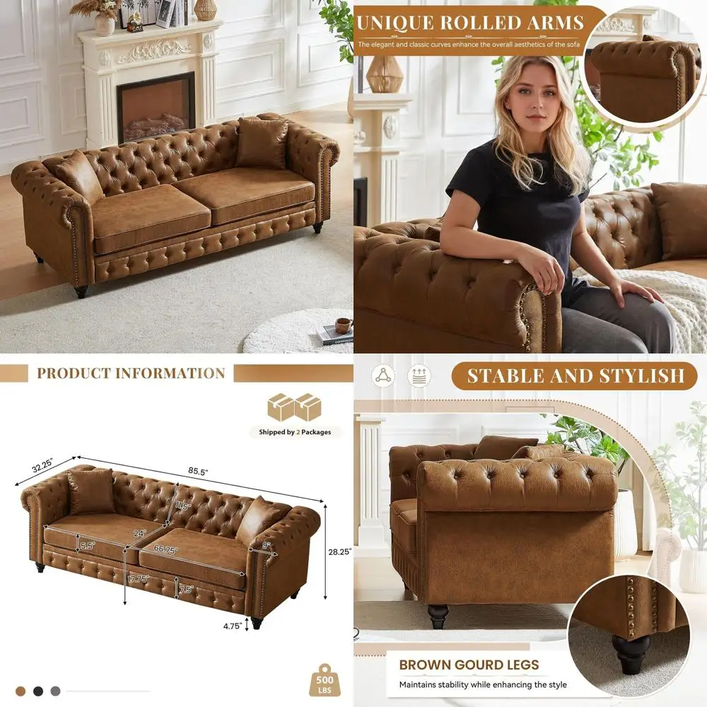 

Коричневый кожаный 3-местный диван 85,5 дюймов с закругленными подлокотниками и декоративными пуговицами для гостиной или офиса
