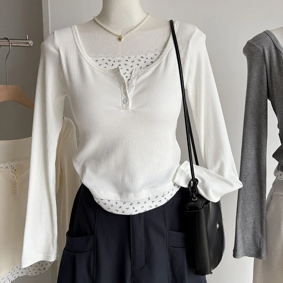 Princess Style Lace Trim Short Sleeve Women's T-shirt Cotton Long Sleeve Base Shirt Autumn Winter Slim Fit Inner Wear Top