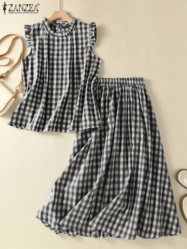 

ZANZEA Fashion Casual Sleeveless Plaid Tanks Tops Dress Sets 2PCS Summer Outfits Women Two Pieces Sets Elegant Work Tracksuits
