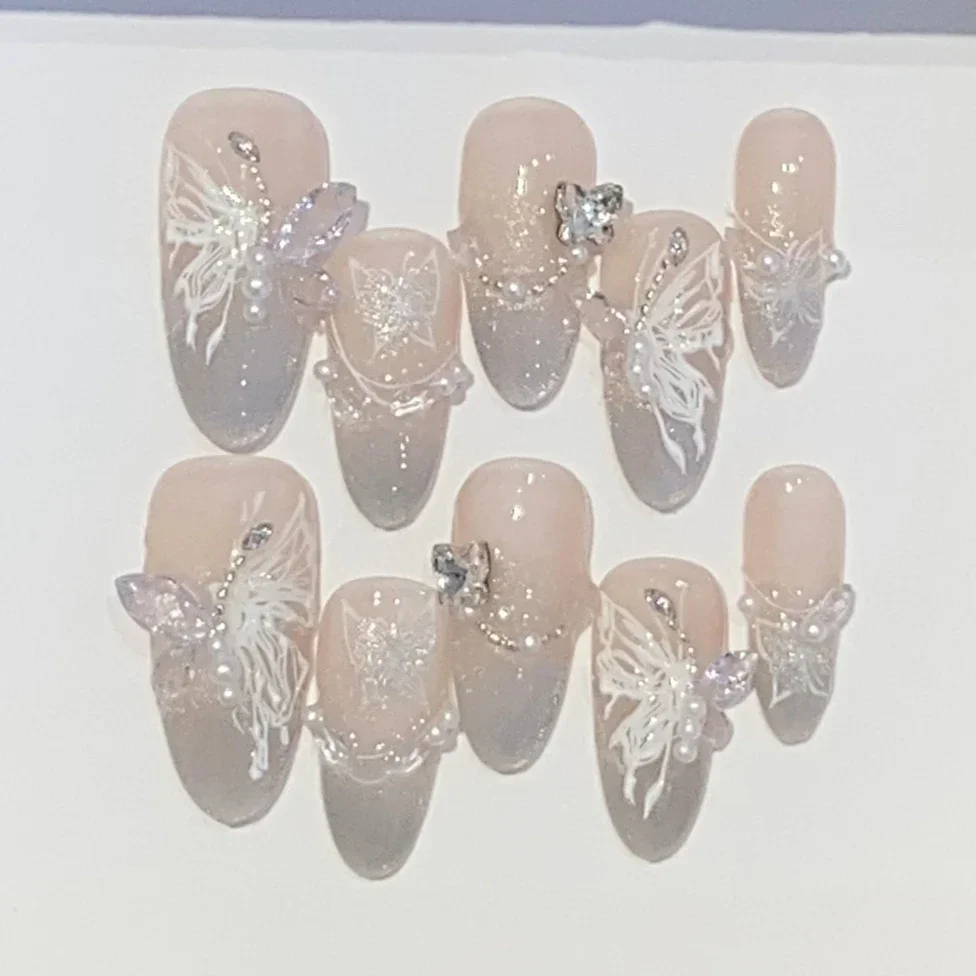 10Pcs Handmade Press on Nails Full Cover Shiny Aurora Cat Eye Butterfly Rhinestones False Nails French Almond Wearable Manicure