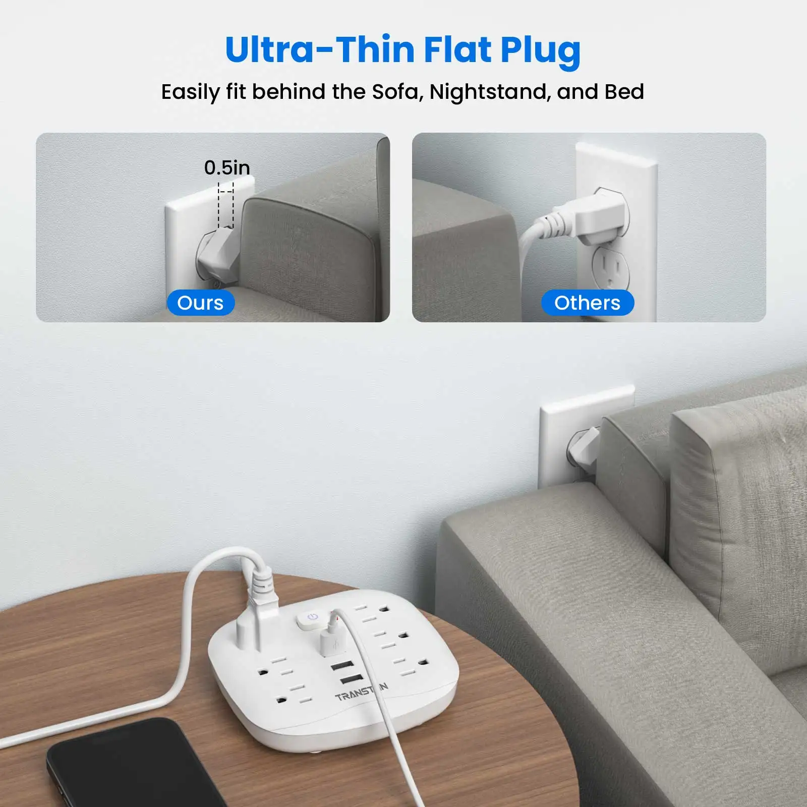 Power Outlet with Surge Protector, 6 sockets 3 USB Ports, 3.3ft Extension Cord, Fire Resistant, For Home and Office, White