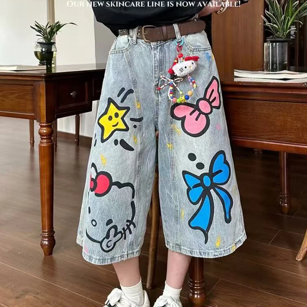

Jeans Y2K Hello Kitty Women Summer Calf-Length Pants New Cartoon Print Cute Student Jeans Hello Kitty Cropped Pants Loose Slim