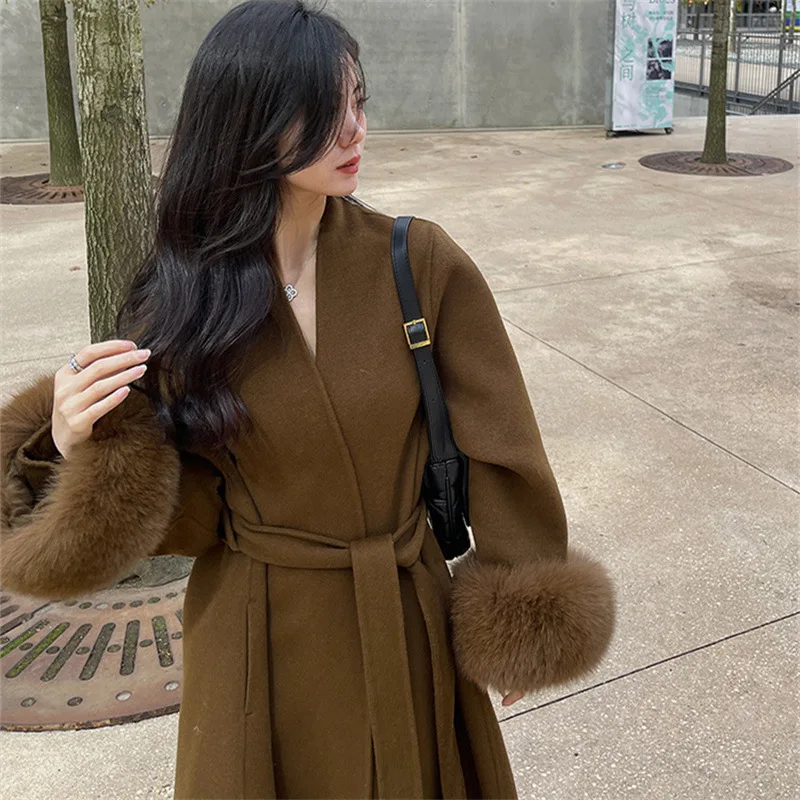 An Yimelade autumn and winter new style temperament double-sided cashmere coat women's medium long fox fur woolen coat