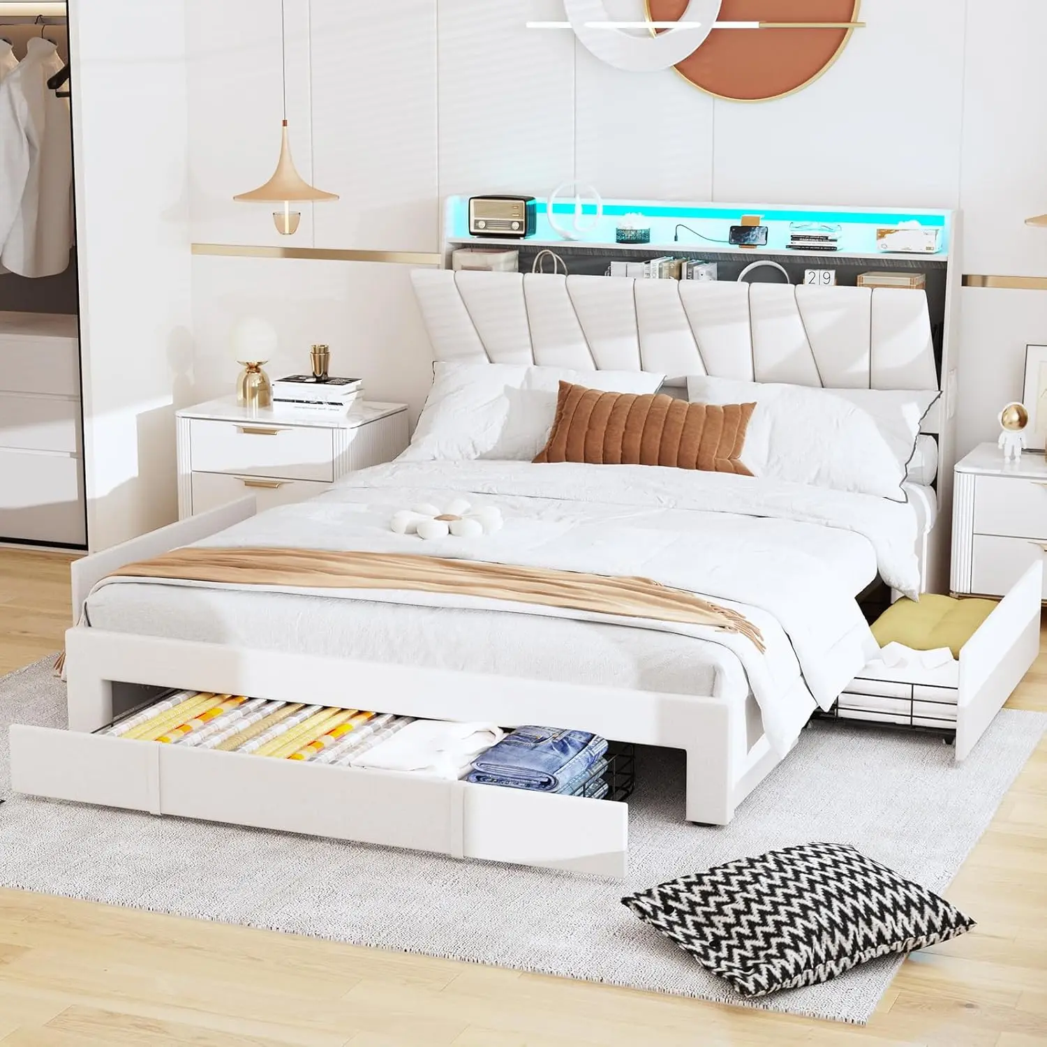 

Bed Frame with Storage Headboard and 3 Drawers Upholstered Platform Bed with Charging Station Bed Frame with LED Lights No Box S